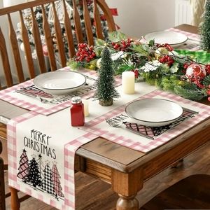 5pc Christmas Trees Placemats&Table Runner Dining Set-Pink Buffalo Holiday Plaid